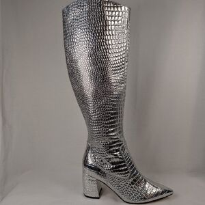 Marc Fisher Silver Croc-Embossed Knee-High Heeled Boots